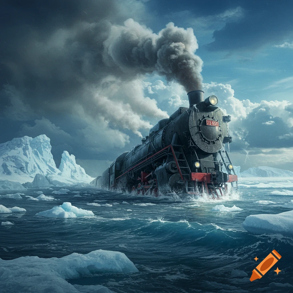 A powerful black steam locomotive with red accents powers through turbulent icy waters and icebergs under a dramatic stormy sky.