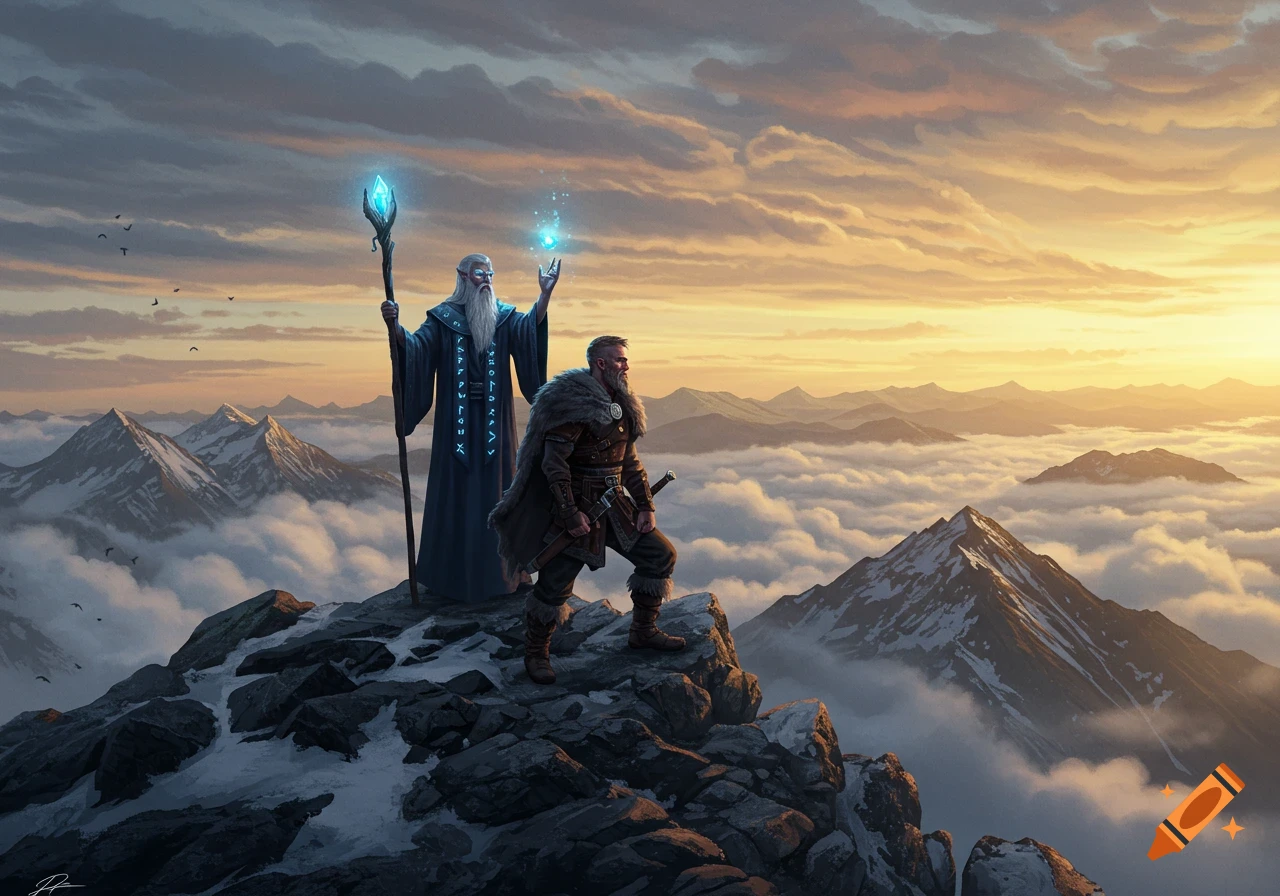 A wizard with a glowing staff and a warrior stand on a snowy mountain peak overlooking a vast cloudy landscape at sunset.