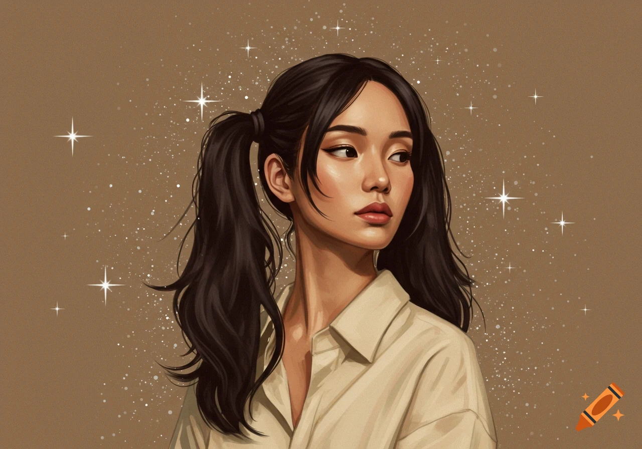 A digital art portrait of a woman with dark hair in pigtails, wearing a beige shirt, against a sparkling brown background.