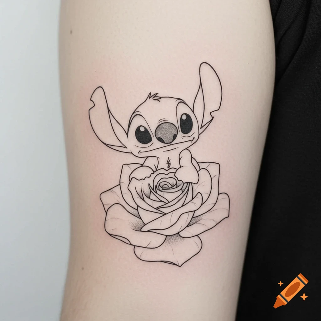 Minimalist black outline tattoo of Disney's Stitch character peeking from inside a detailed rose on an arm.