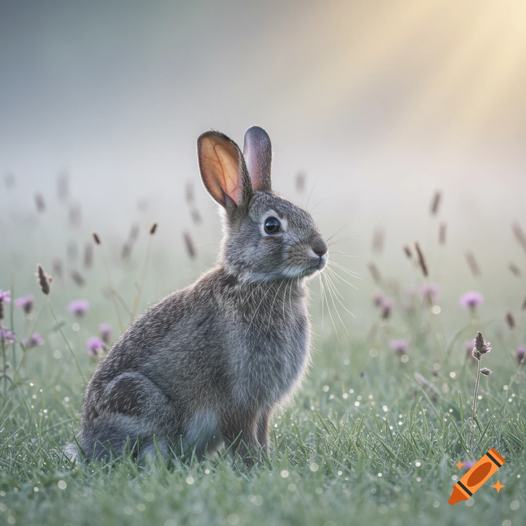A photorealistic image of a rabbit sitting in dewy green grass with purple flowers, bathed in sunlight and mist.