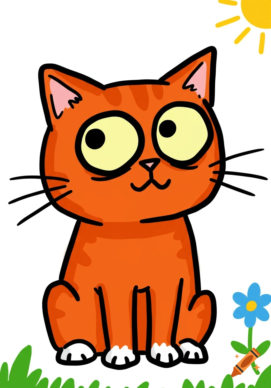 A crude cartoon drawing of an orange cat with large eyes sitting in grass with a blue flower and sun.