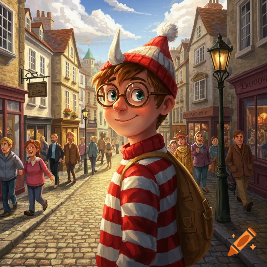 A cartoon boy resembling Wally in a red and white striped shirt and hat with glasses smiles while walking on a cobblestone street in a European-style town.