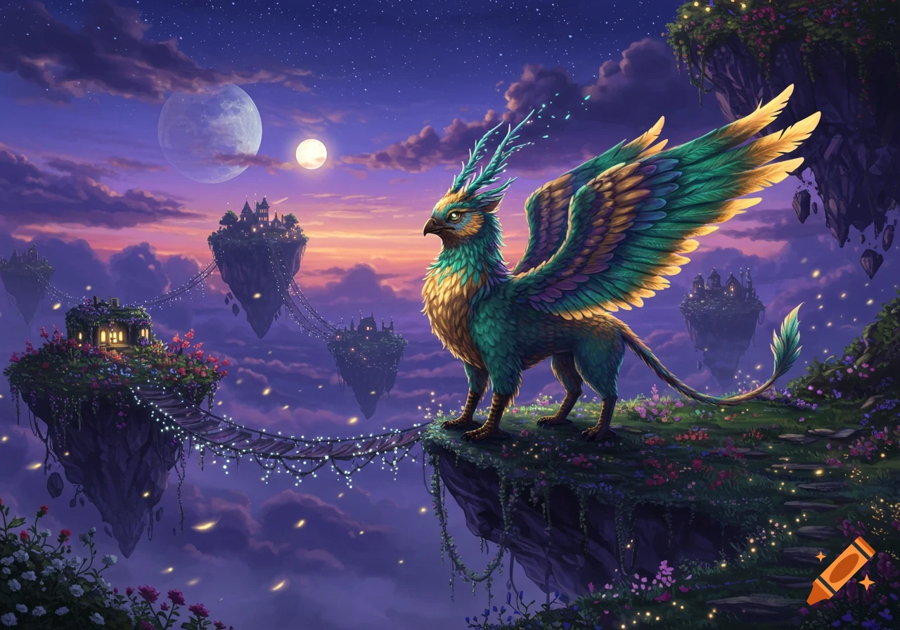 A vibrant griffin stands on a lush floating island overlooking a mystical landscape of other islands connected by glowing bridges, under a starry twilight sky with two moons.