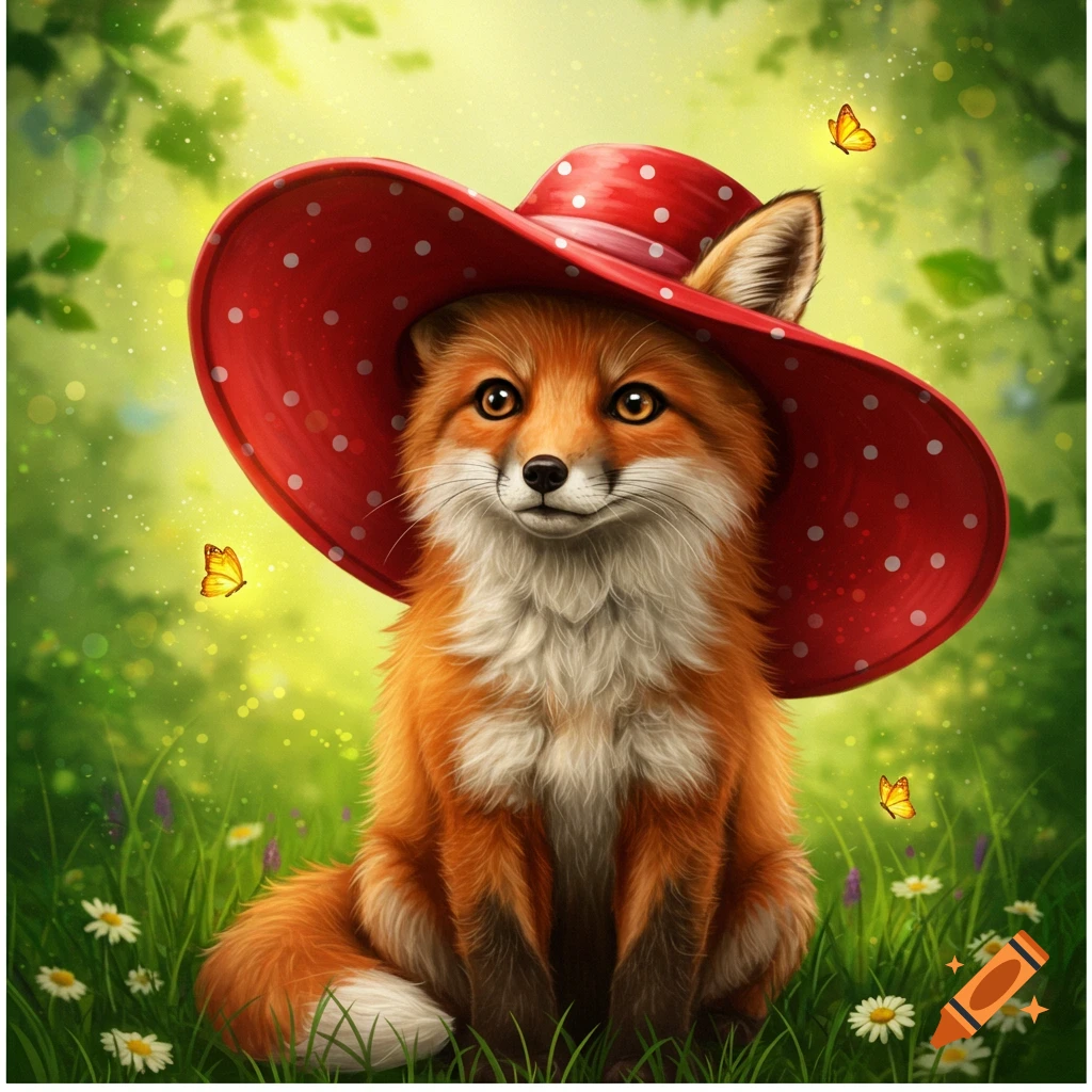 A cute fox in a red polka-dot hat sits in a green field with flowers and butterflies in a stylized illustration.