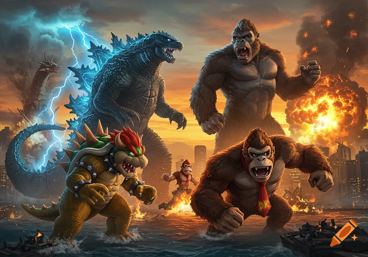 Godzilla, King Kong, Bowser, Donkey Kong, and Diddy Kong battle in an epic crossover scene with lightning and explosions over a city and ocean.