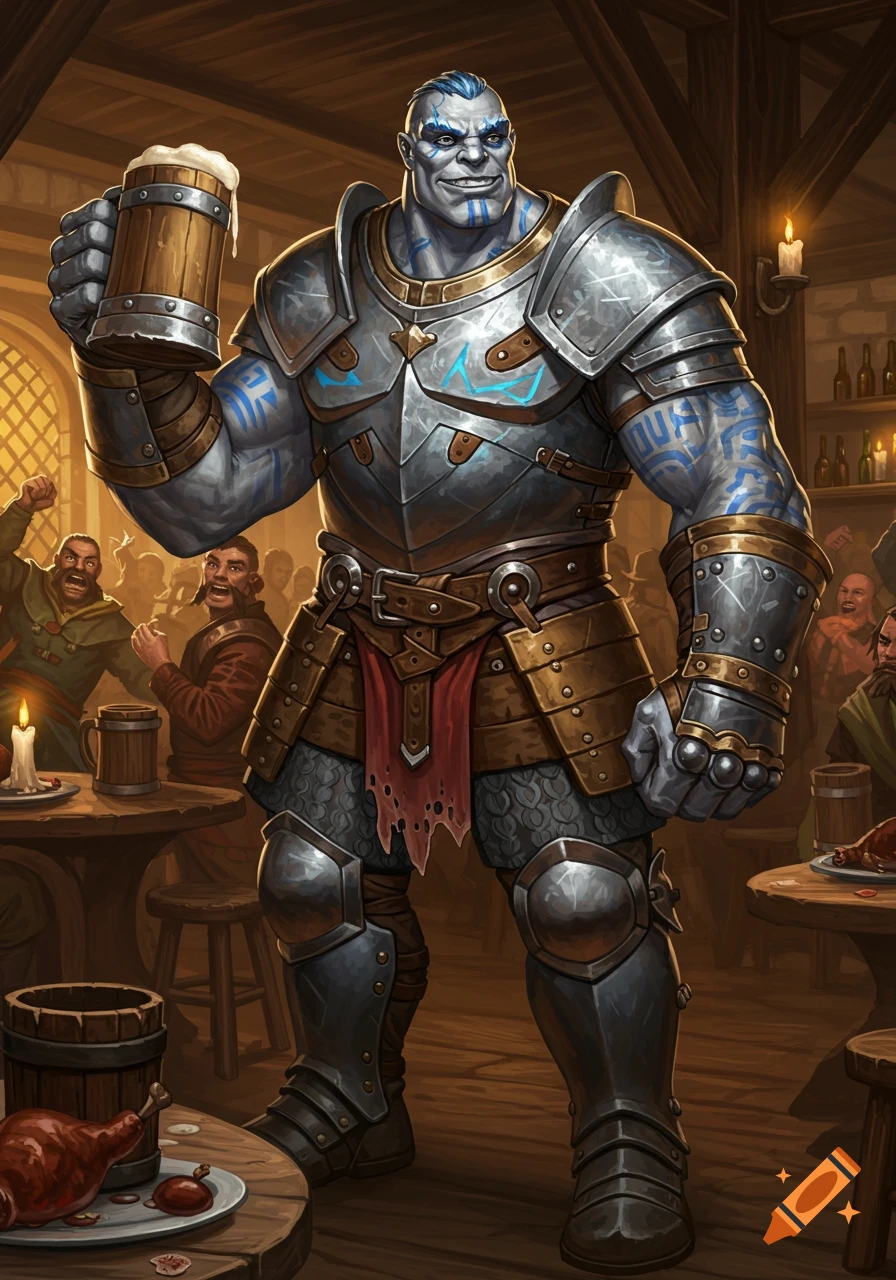 A large grey-skinned Goliath in plate armor raises a beer mug in a lively fantasy tavern, digital painting.