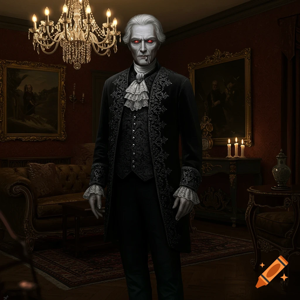 A full-body shot of a gothic vampire with white hair and glowing red eyes, dressed in an ornate black coat, standing in a lavish, dark parlor room with a chandelier.
