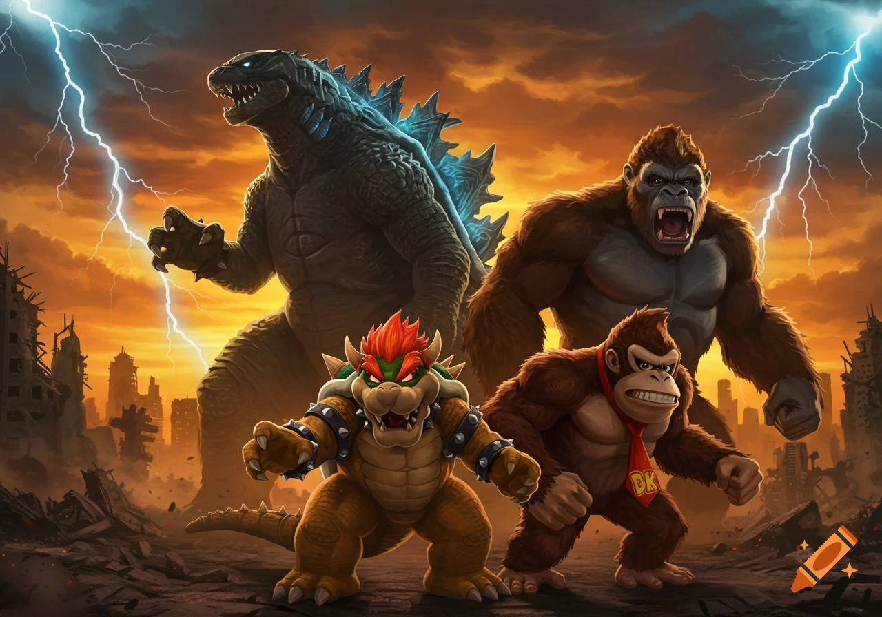 An illustration shows Godzilla, King Kong, Bowser, and Donkey Kong in a destroyed city under a stormy sky with lightning.