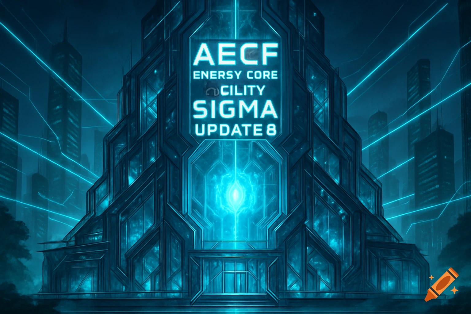 A futuristic, monolithic building glows with neon blue light, standing in a dark city with connecting energy lines. Text reads AECF SIGMA UPDATE 8.