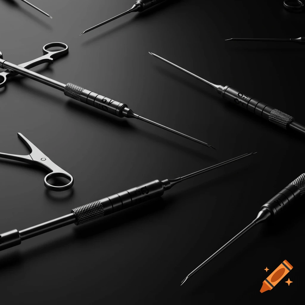 A close-up of multiple metallic embalming needle injectors and surgical tools on a dark, reflective surface.