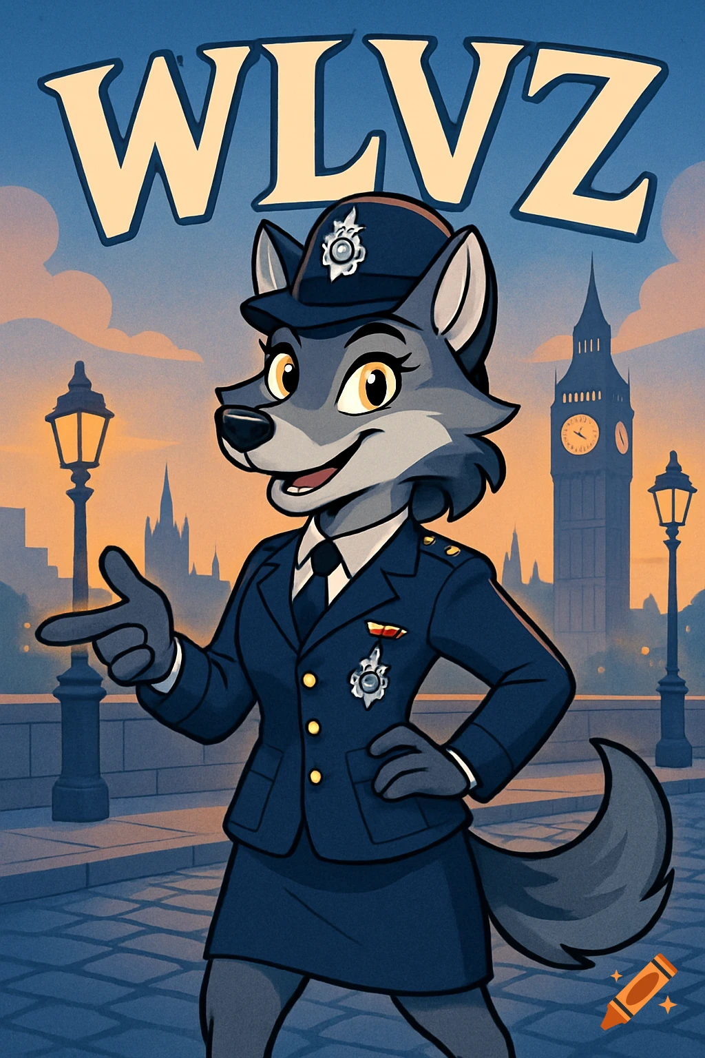 A female cartoon wolf dressed as a British police officer points forward on a London street with Big Ben in the background. 'WLVZ' text above.