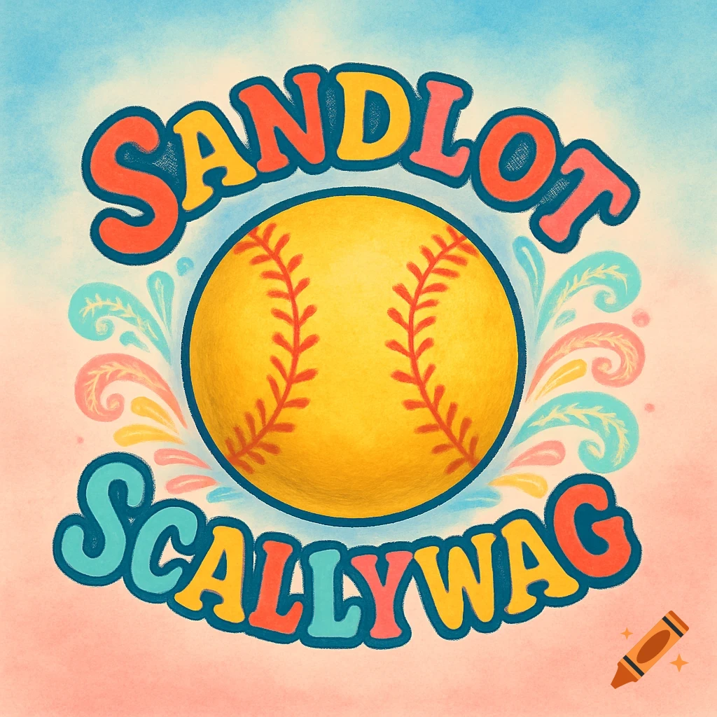 A colorful retro-style logo featuring a yellow softball with red laces, with the word "SANDLOT" arching above and "SCALLYWAG" curving below, all in a textured, kindergarten-like font against a blue and pink gradient background.