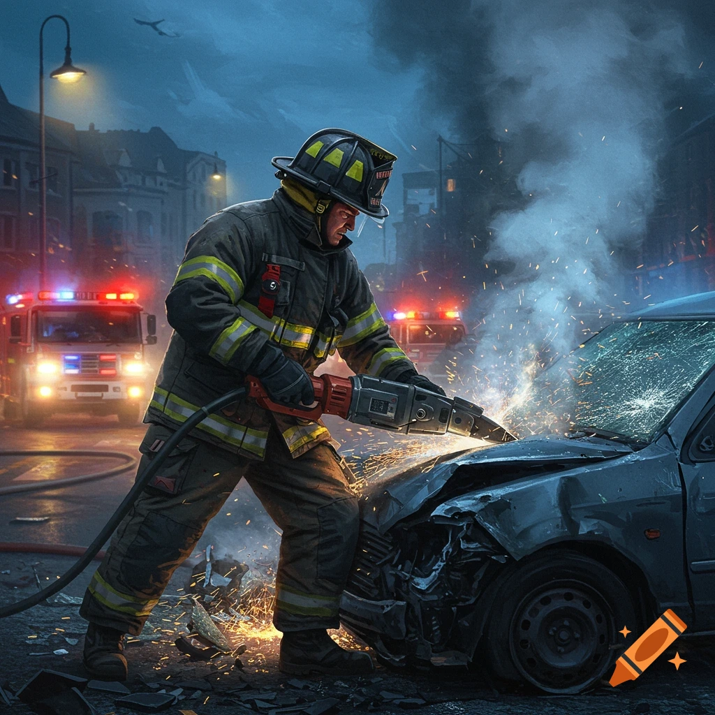 A photorealistic image of a firefighter using a powerful rescue tool to cut open a crashed car, with sparks flying. Fire trucks are in the background at night.
