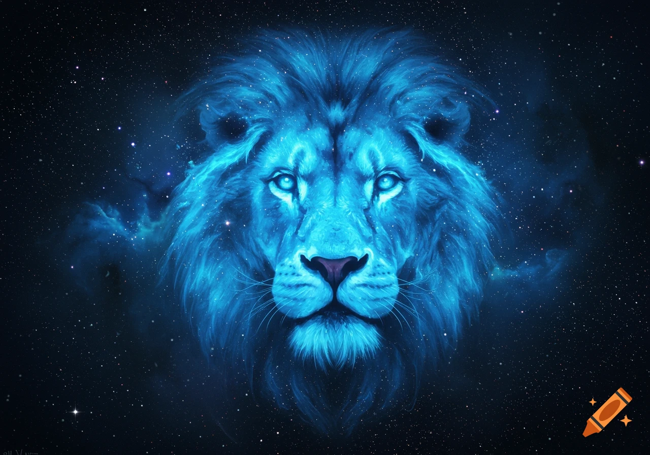 A glowing blue lion's face, made of nebula and stars, against a dark starry background in a digital painting style.