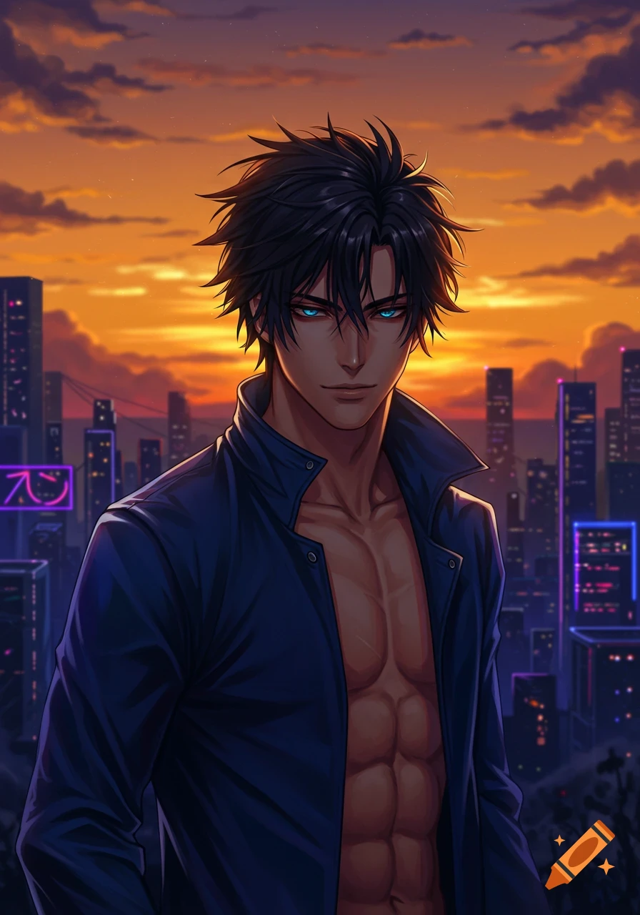 An anime man with spiky dark hair and glowing blue eyes stands in an open jacket, revealing his abs, against a city sunset.