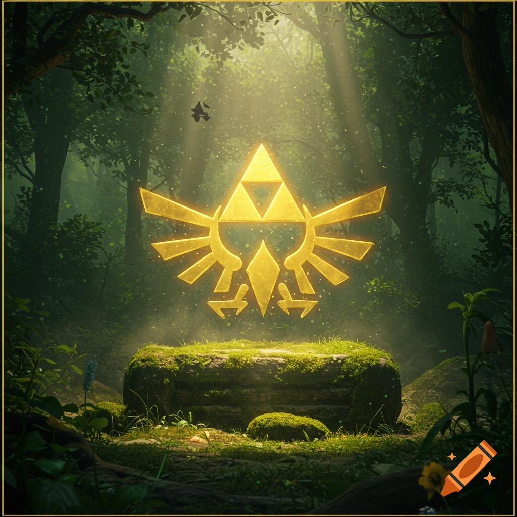 The golden Triforce symbol glowing above a mossy stone in a mystical forest clearing with sunlight streaming through the trees.