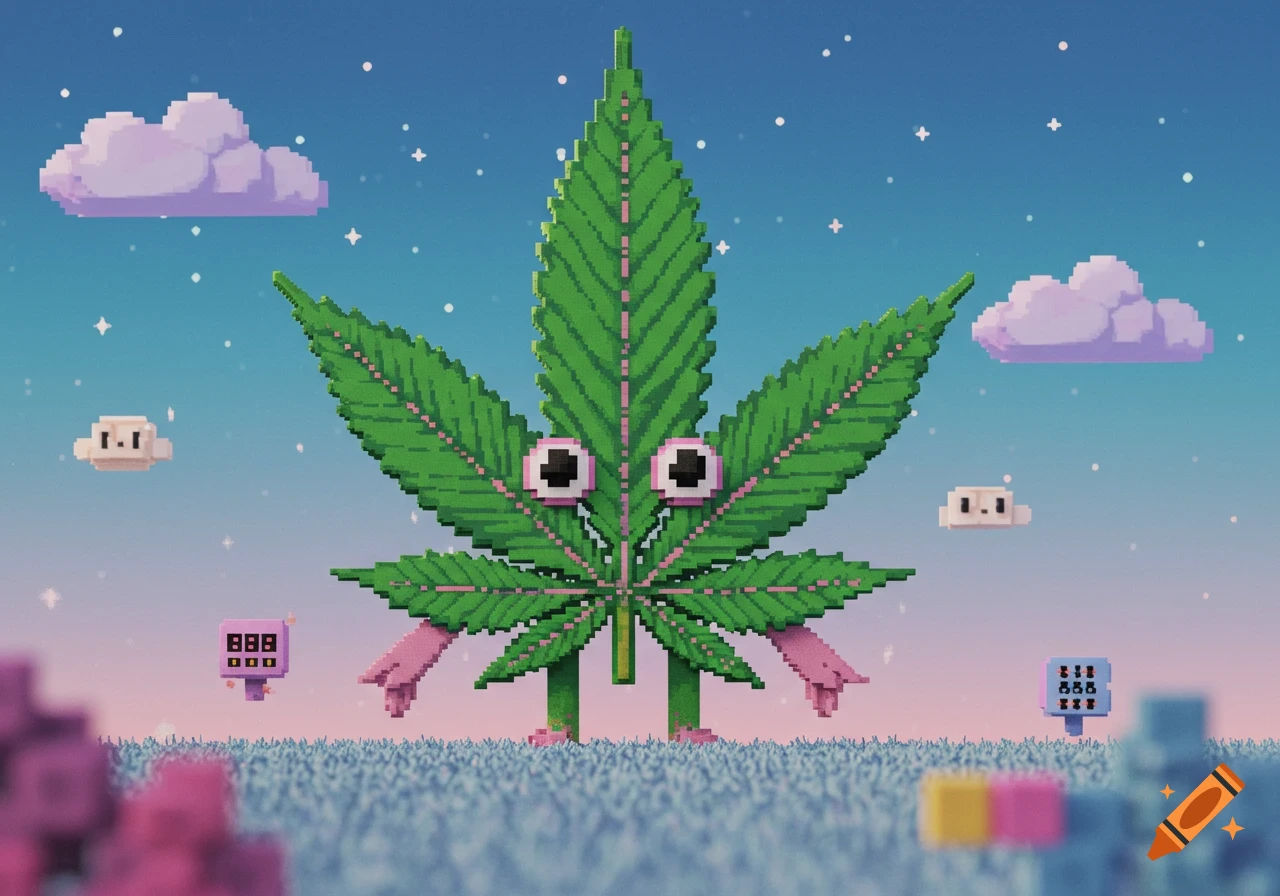 A smiling pixel art cannabis leaf character with pink arms and feet stands in a pixelated field under a starry sky with clouds and floating objects.