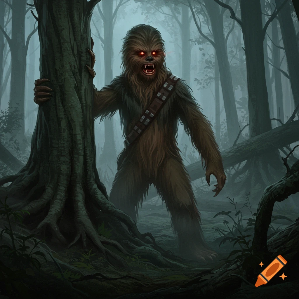 A monstrous Wookie-like creature with glowing red eyes and bared fangs stands in a misty, dark forest, gripping a tree trunk.