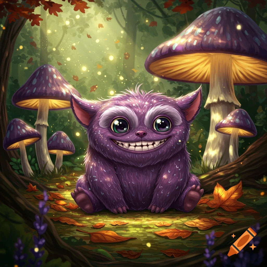 A cute, fluffy purple monster with big eyes and a wide smile sits among glowing purple mushrooms and autumn leaves in a magical forest.