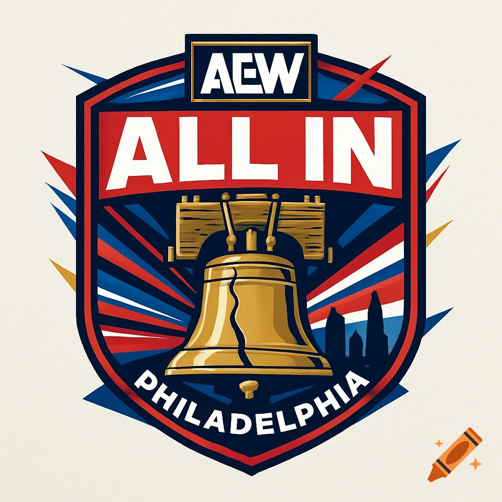 A colorful logo for AEW All In Philadelphia, featuring a shield with a cracked golden Liberty Bell, city skyline, and red, white, and blue stripes.