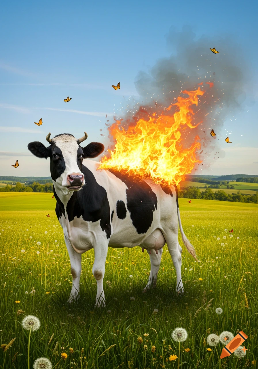 A photorealistic black and white cow stands in a green field with dandelions and butterflies, with large flames erupting from its back.