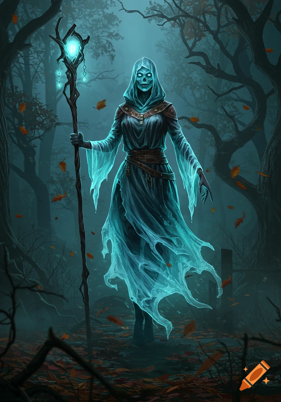 A glowing blue spectral ghost figure with a skull face and a staff stands in a dark, misty forest with autumn leaves.