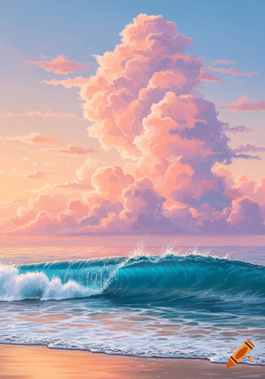 A vibrant illustration of a large teal ocean wave breaking on the shore under a vast sky filled with fluffy pink and orange clouds at sunset.