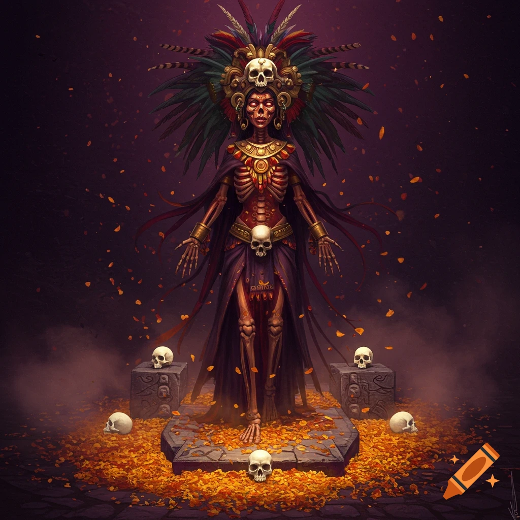 A skeletal goddess with a feathered headdress and gold jewelry stands on a skull-strewn stone platform amid orange petals in a dark, stylized scene.