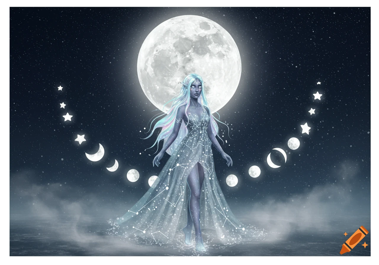 A graceful blue-skinned celestial woman with long, flowing light blue and pink hair stands against a dark starry sky with a large full moon behind her, surrounded by glowing stars and moon phases. She wears a sheer dress adorned with constellations.