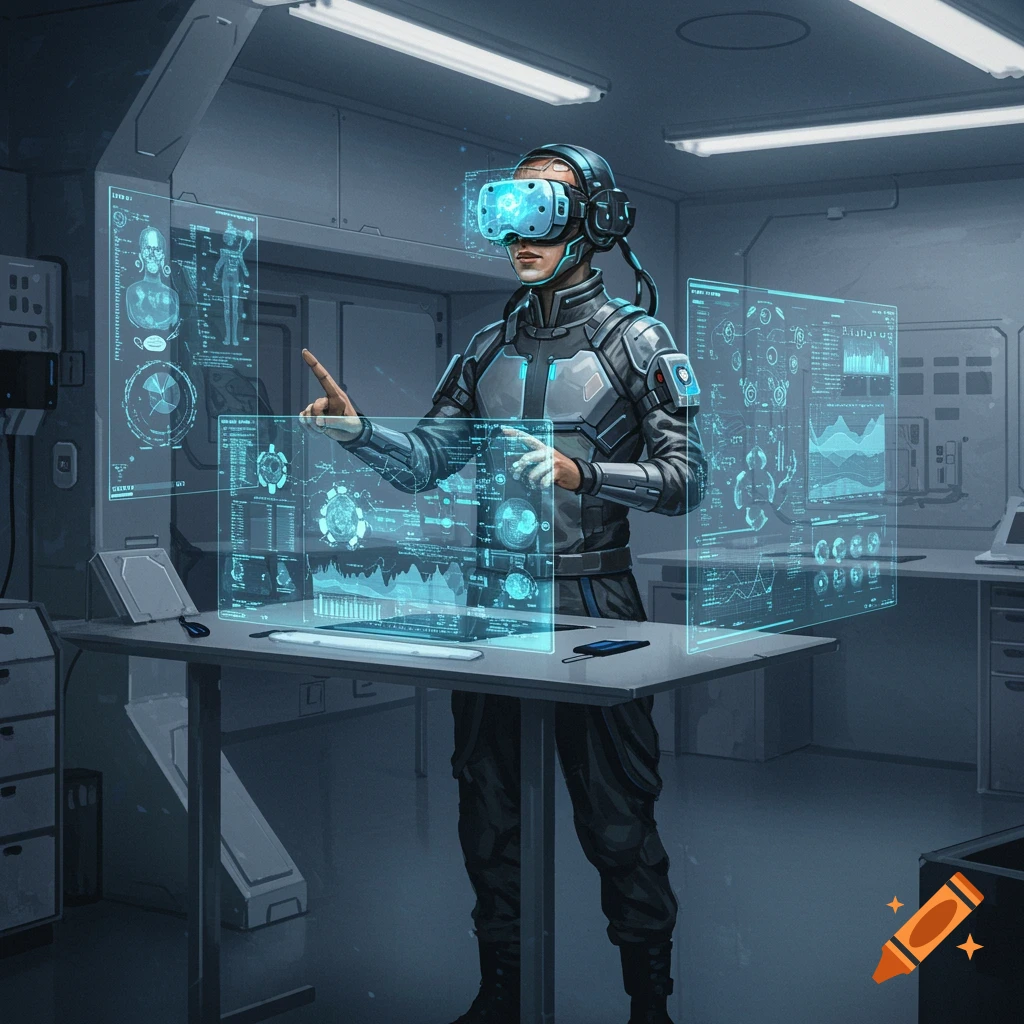 A person in a VR headset interacts with glowing blue holographic screens displaying data in a futuristic lab.