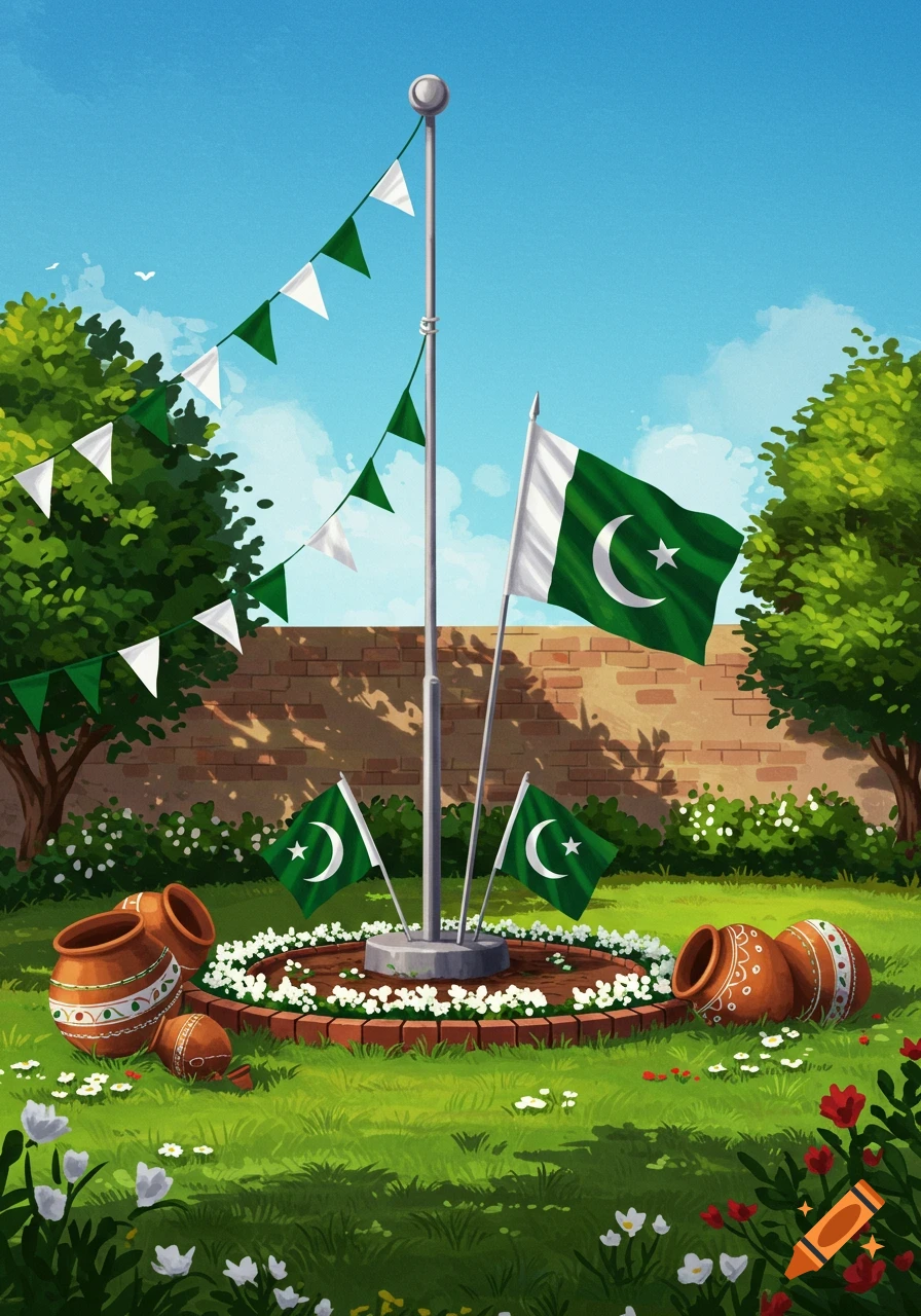 Cartoon illustration of a festive garden with Pakistani flags, a flag pole, and decorative pots under a clear blue sky.