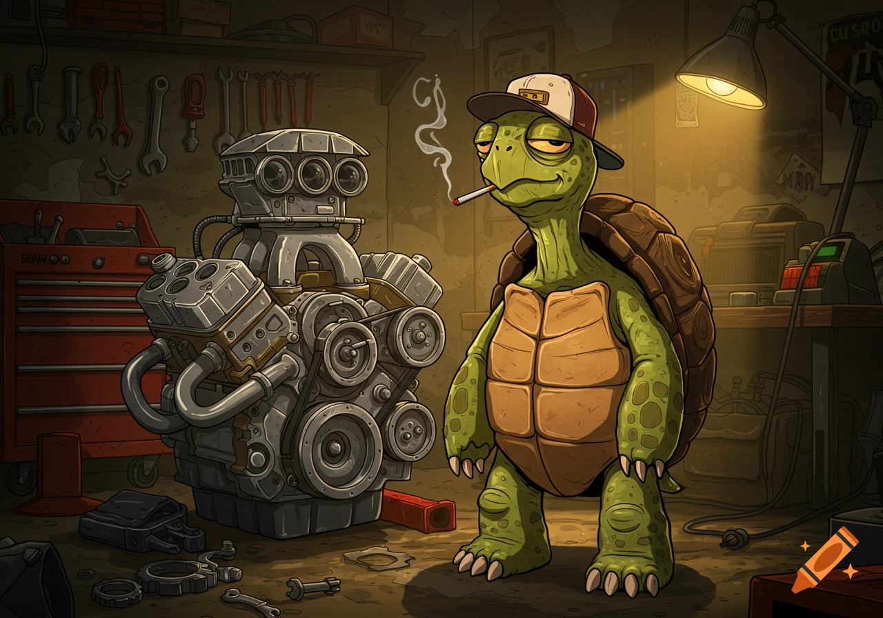 A cartoon turtle wearing a baseball cap smokes a cigarette while standing next to a large car engine in a garage.