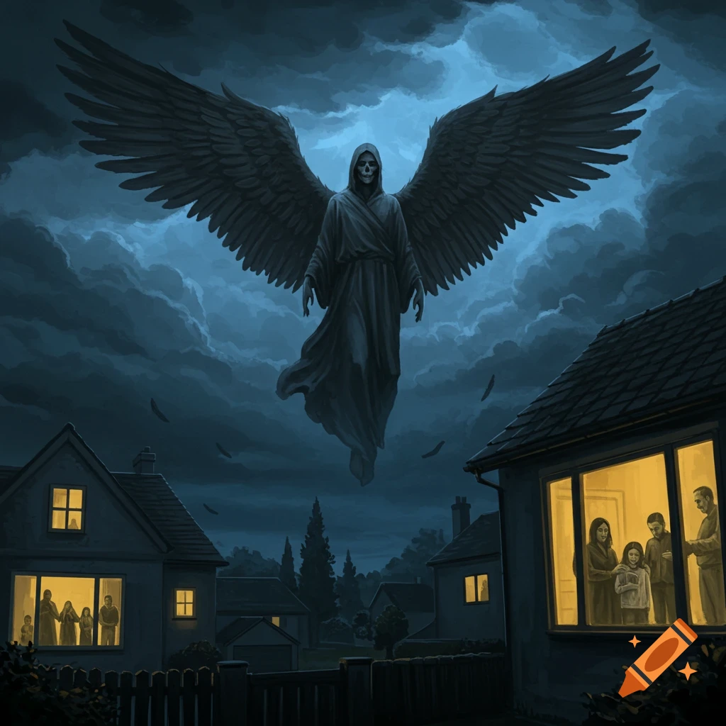 A dark, winged figure with a skull face hovers over a suburban neighborhood at night, as people look out of brightly lit windows.