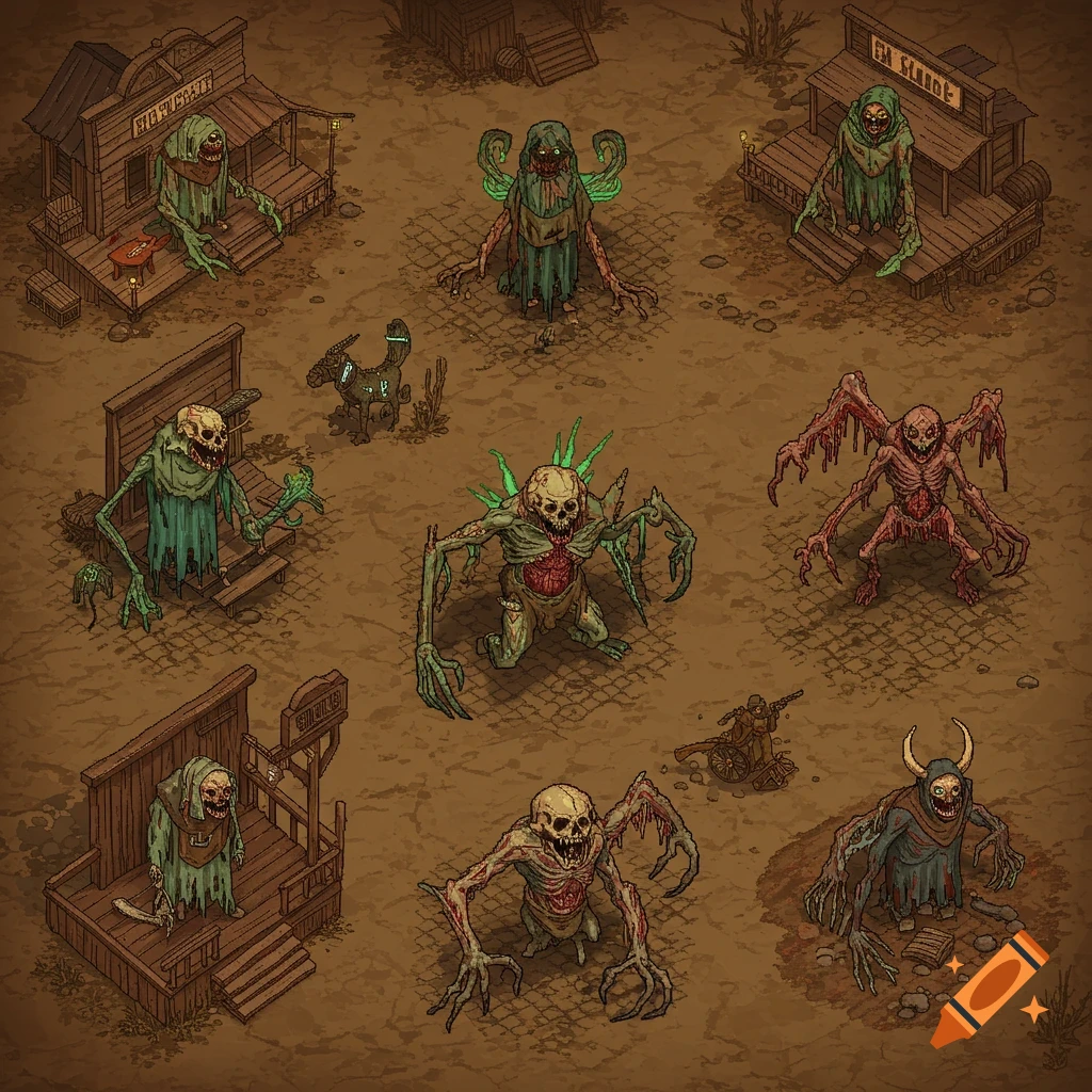 An isometric pixel art grid features various grotesque monsters and derelict western buildings on a dusty ground.