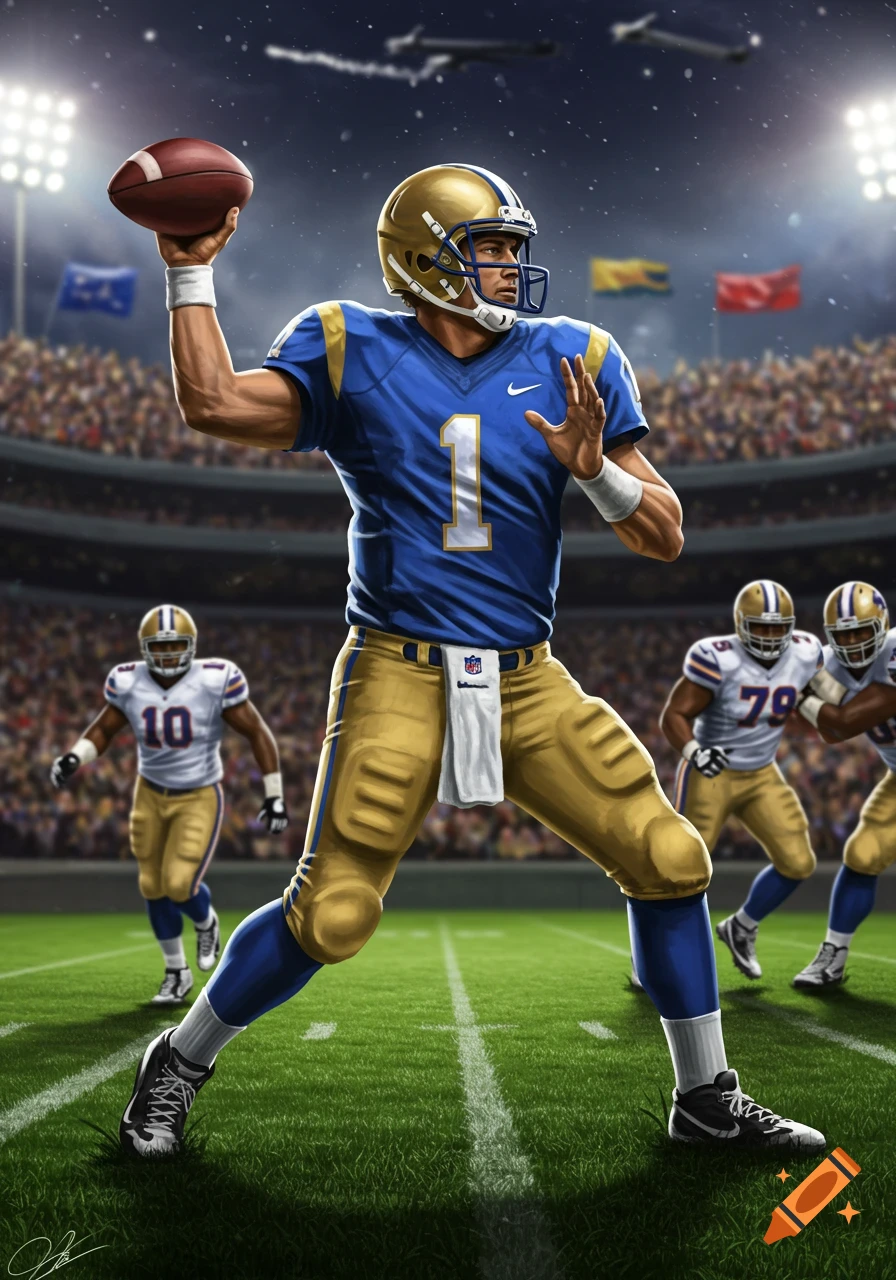 Illustrated American football quarterback in blue and gold uniform throwing a pass in a stadium.