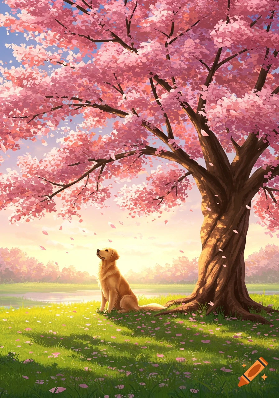 A golden retriever sits under a pink cherry blossom tree in a vibrant, illustrative spring landscape.
