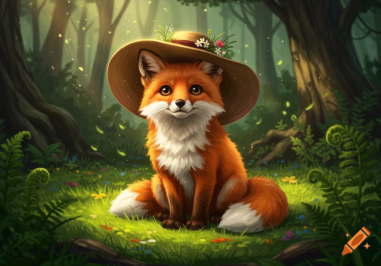 A cute, stylized red fox wearing a straw hat adorned with flowers sits in a magical, glowing green forest.