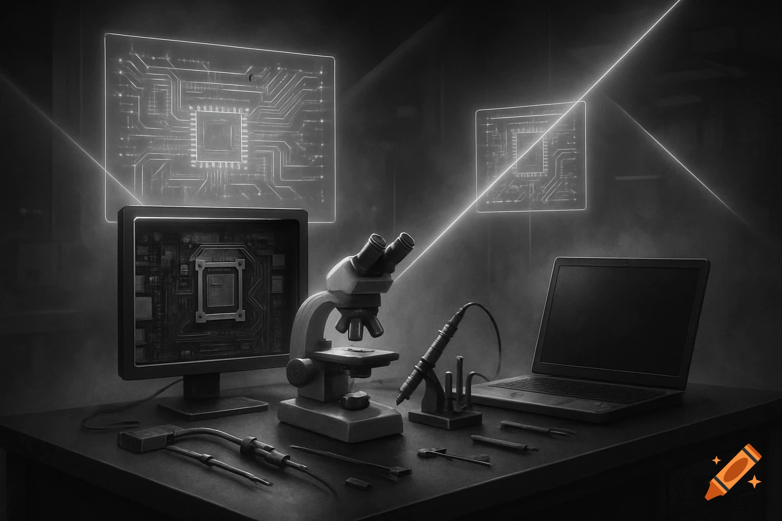 A futuristic black and white lab workbench with a microscope, computer, and laptop, illuminated by glowing circuit schematics and laser beams.