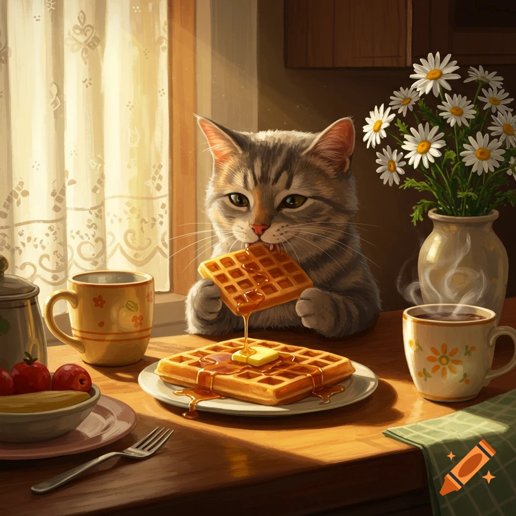 A cute tabby cat eats a syrup-drenched waffle at a sunny breakfast table with fruit and coffee.