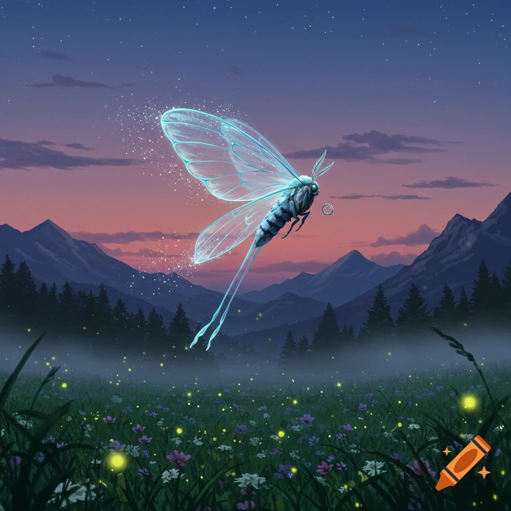 A glowing blue fantasy moth with translucent wings flies over a field of fireflies and flowers at twilight, with mountains in the background.