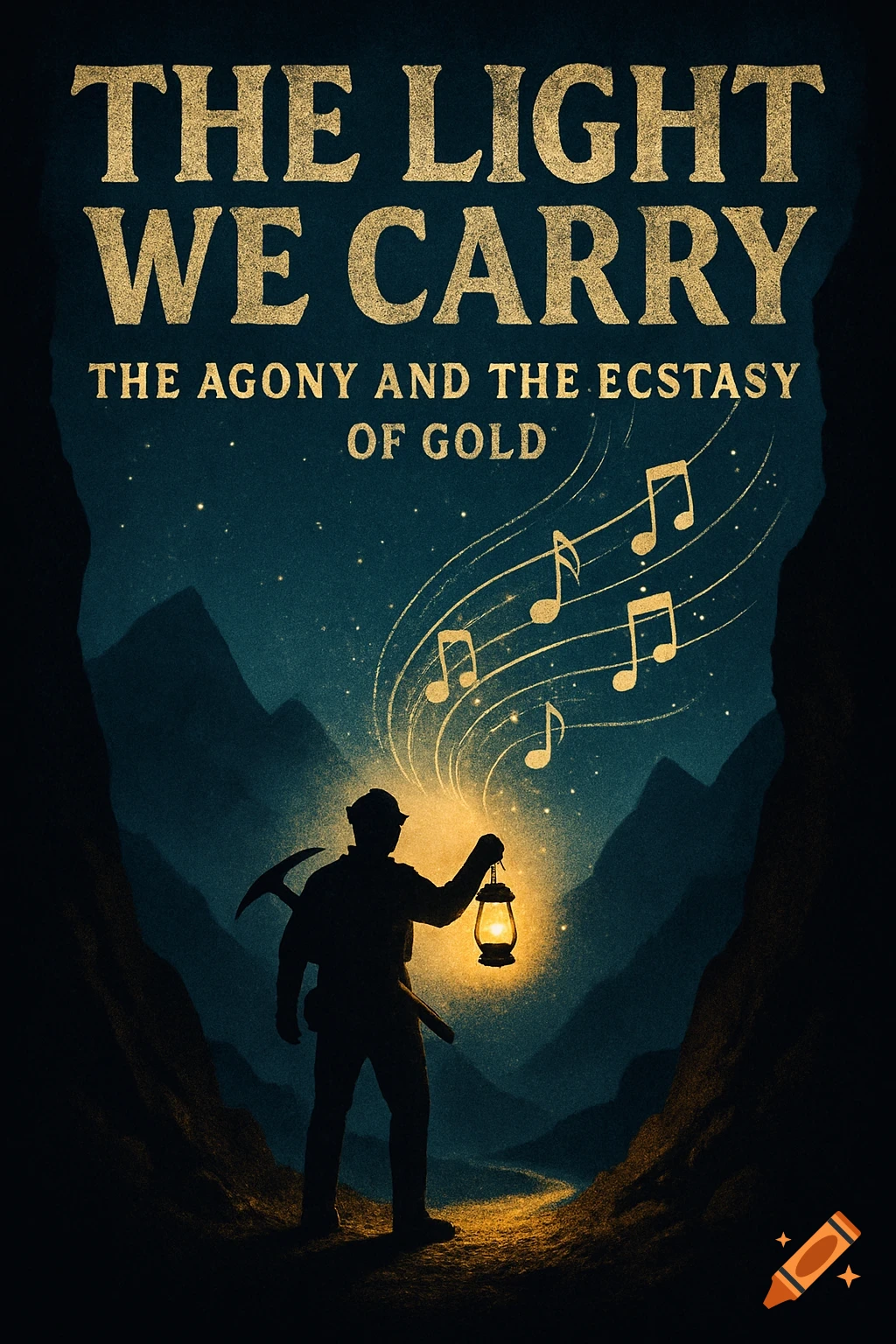 Silhouette of a miner holding a glowing lantern in a dark cave. Musical notes and light emanate from it. Text: 'THE LIGHT WE CARRY' and 'THE AGONY AND THE ECSTASY OF GOLD'.