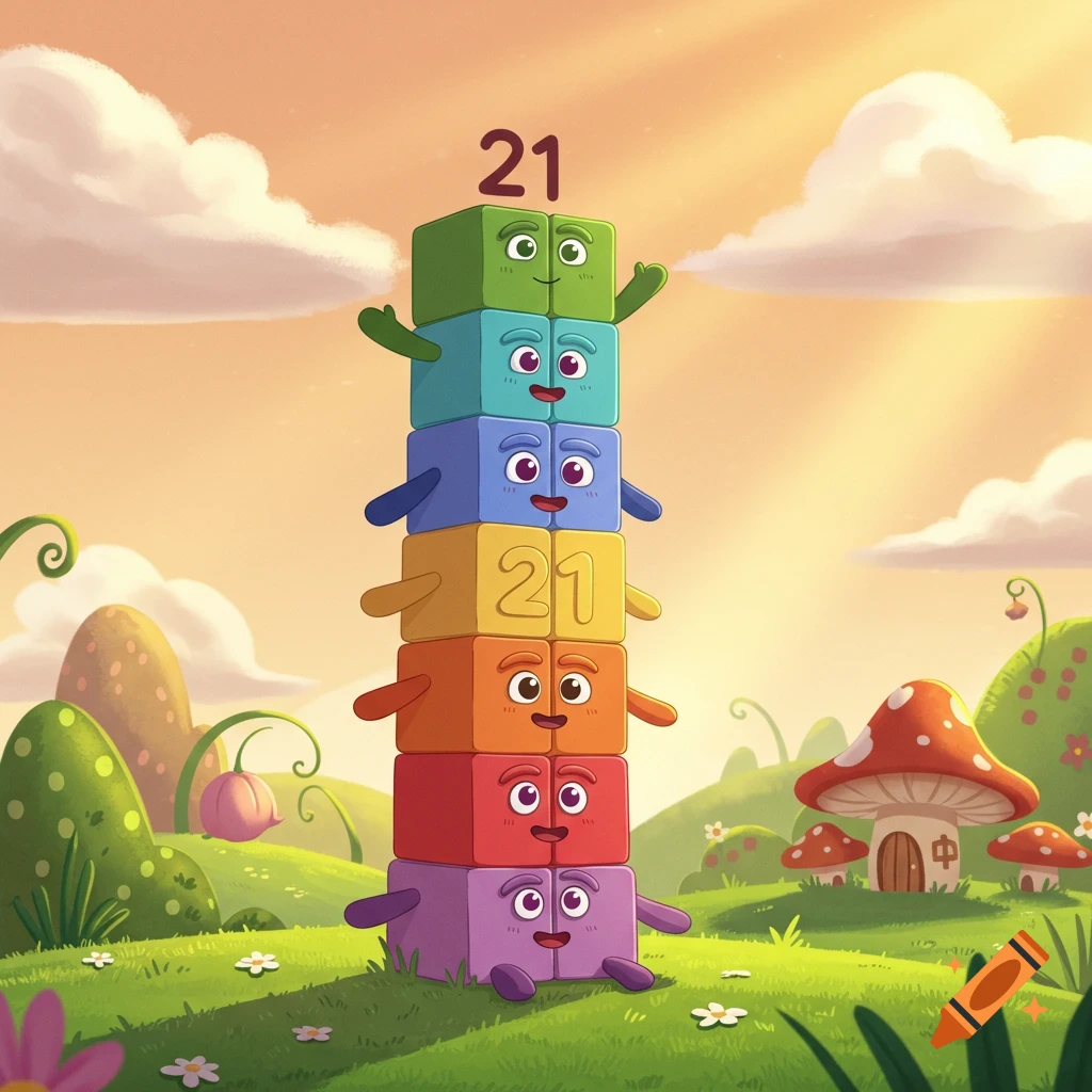 A colorful stack of seven block-like characters with faces and small limbs stand in a whimsical green landscape with hills, flowers, and mushrooms. The number 21 appears on two of the blocks.