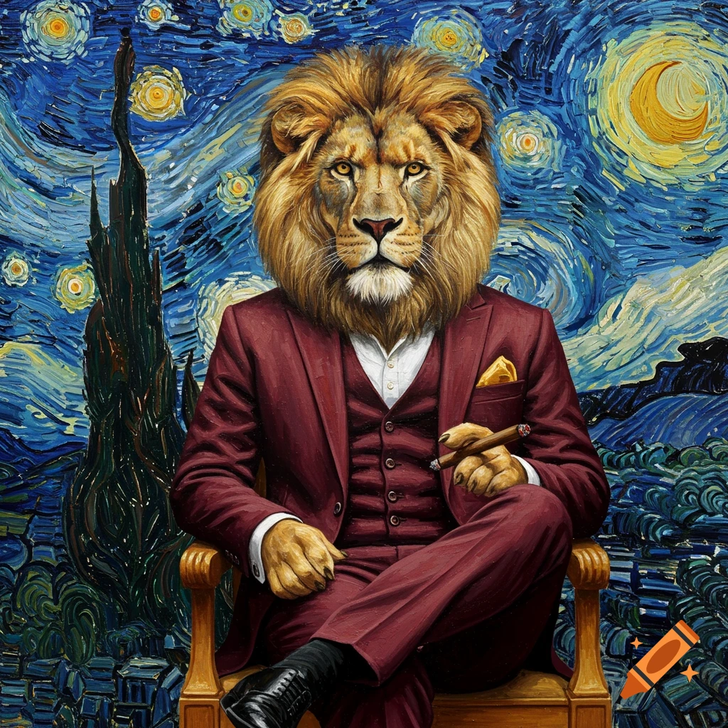 A sophisticated lion in a maroon suit and gold pocket square sits, holding a cigar, against a vibrant Van Gogh's Starry Night background.