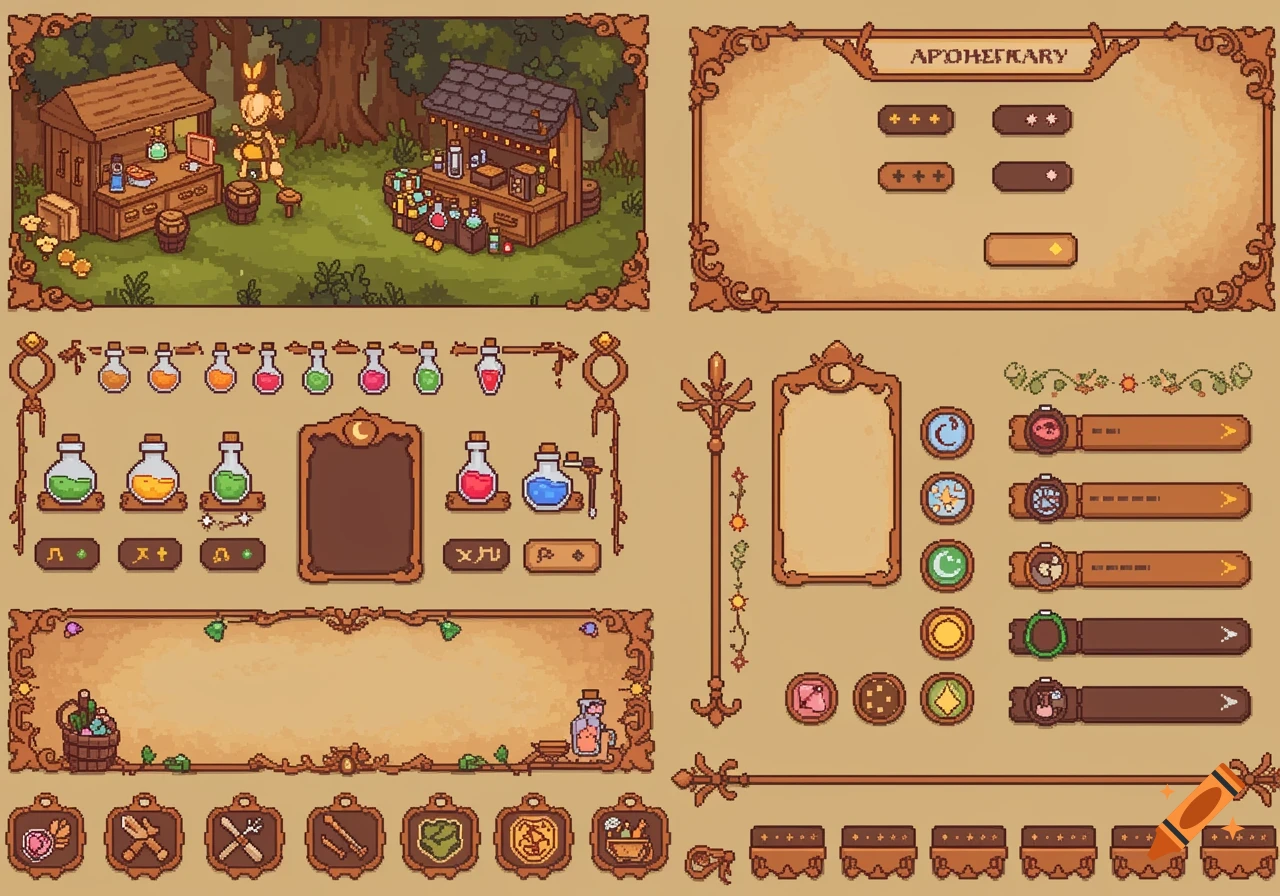 A retro pixel art RPG game menu interface kit featuring market stalls, potions, buttons, borders, and other UI elements.