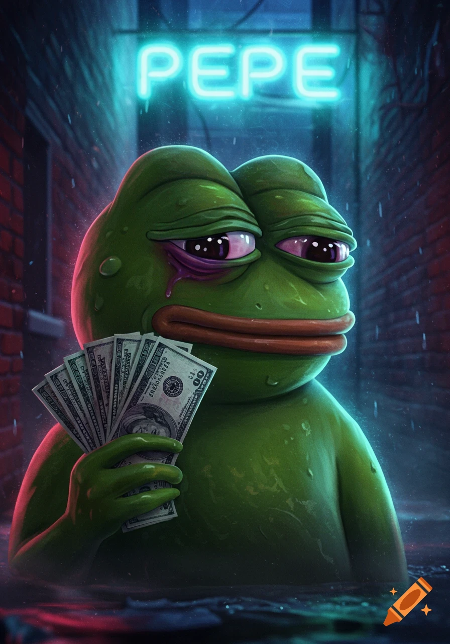 Pepe the frog, looking sad with a black eye, holds cash in a neon-lit alley. Digital art.