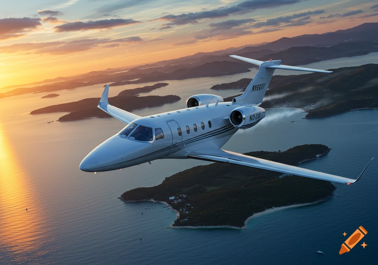 A photorealistic white private jet flying over islands and blue water against a vibrant sunset sky.