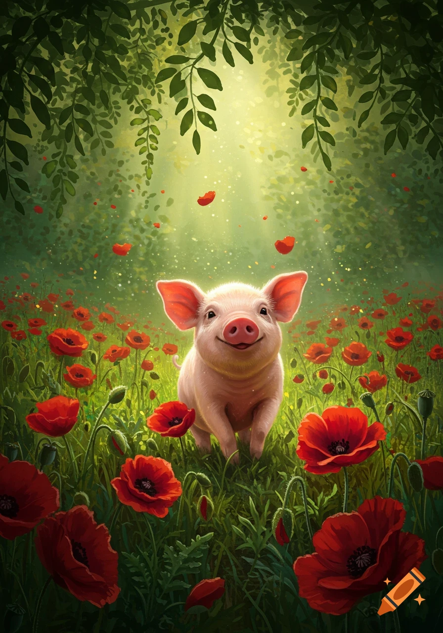 A happy cartoon-style pig stands in a field of red poppies under sunlit green leaves.