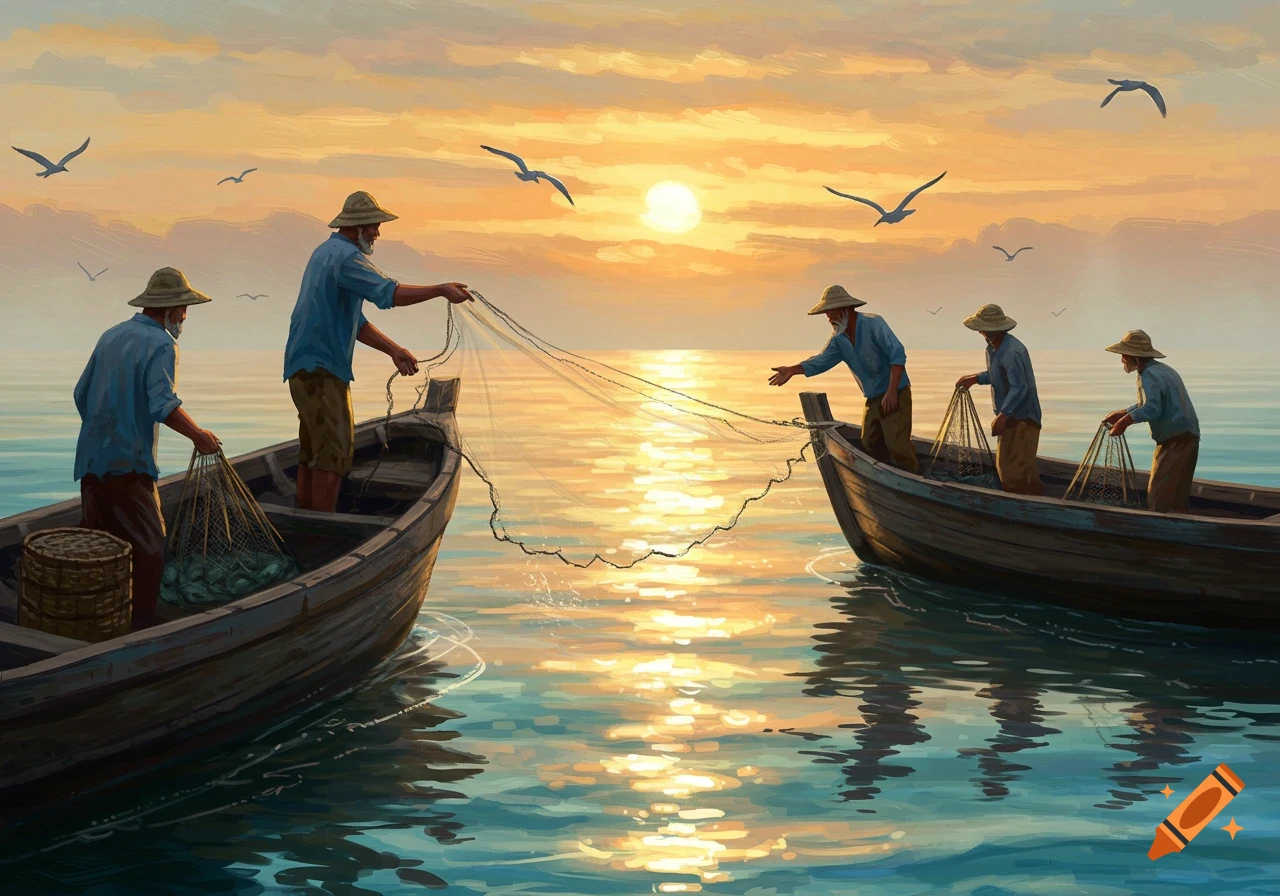 A painting of fishermen on boats casting nets at sunset, with birds flying above the ocean's calm, reflective surface.