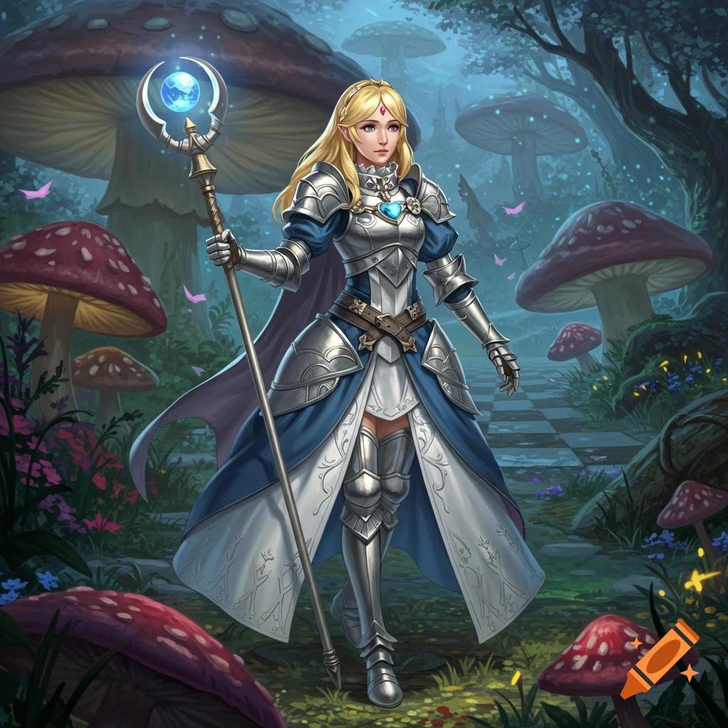 Blonde elf woman in ornate silver and blue armor holding a glowing staff, standing on a checkerboard path in a mystical forest with large red mushrooms.